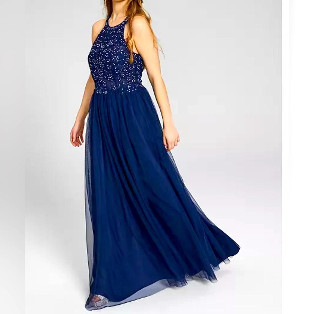 Speechless Elegant Navy Blue Appliqué Lace Evening Prom Gown size 0